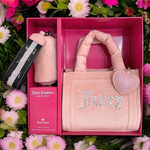 Juicy Couture Big Spender Pink Mini Tote Bag w/Barrel Wristlet & Heart Bag Charm - Picture 2 of 10